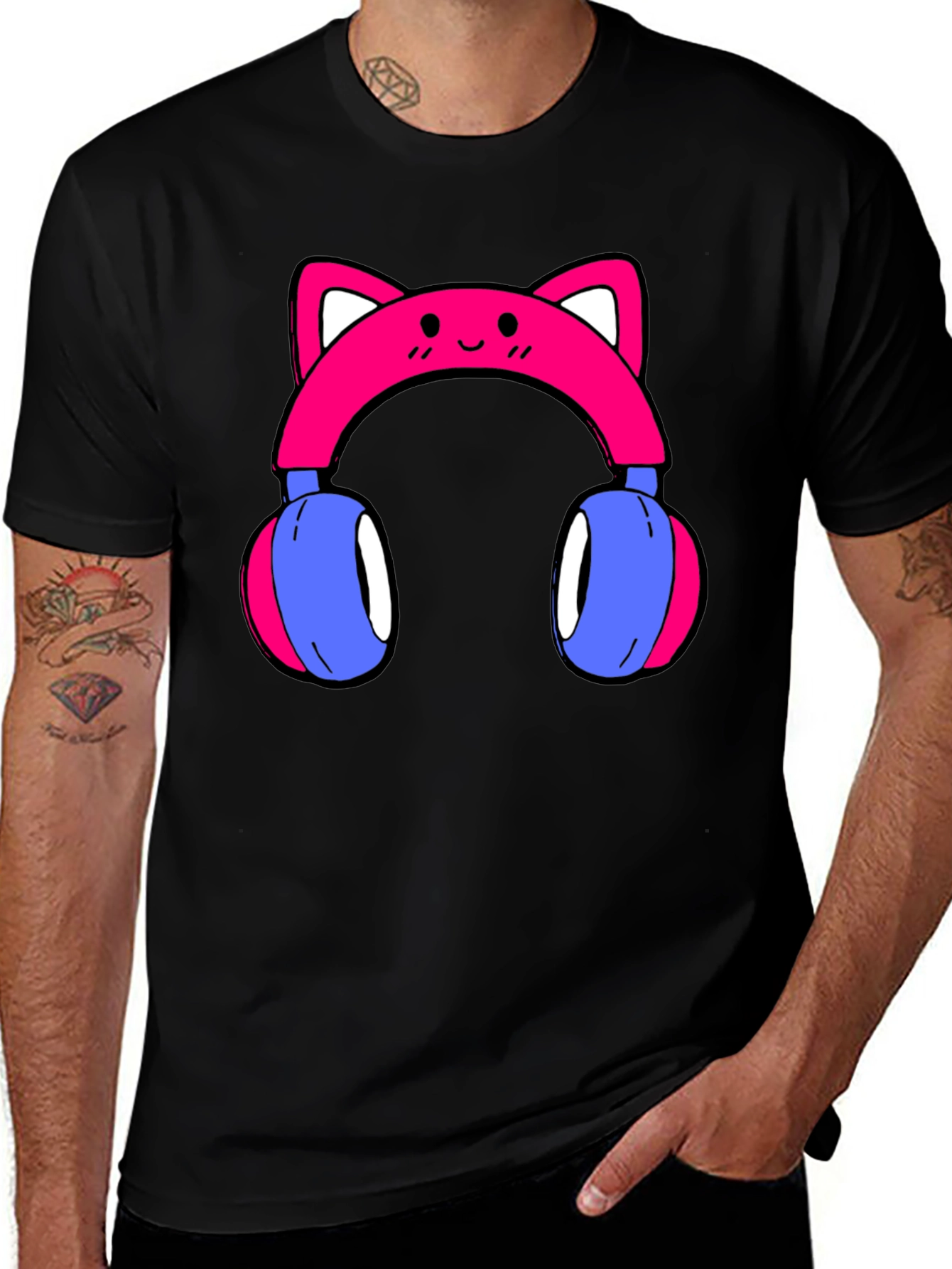 Cute Cat Ear Headphones Graphic Tee - Black