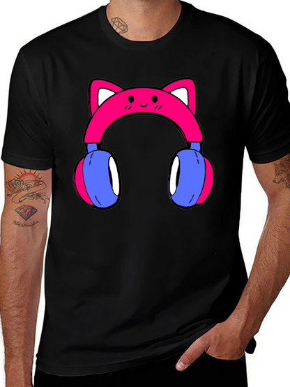 Cute Cat Ear Headphones Graphic Tee - Black