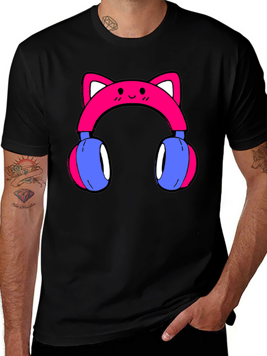 Cute Cat Ear Headphones Graphic Tee - Black