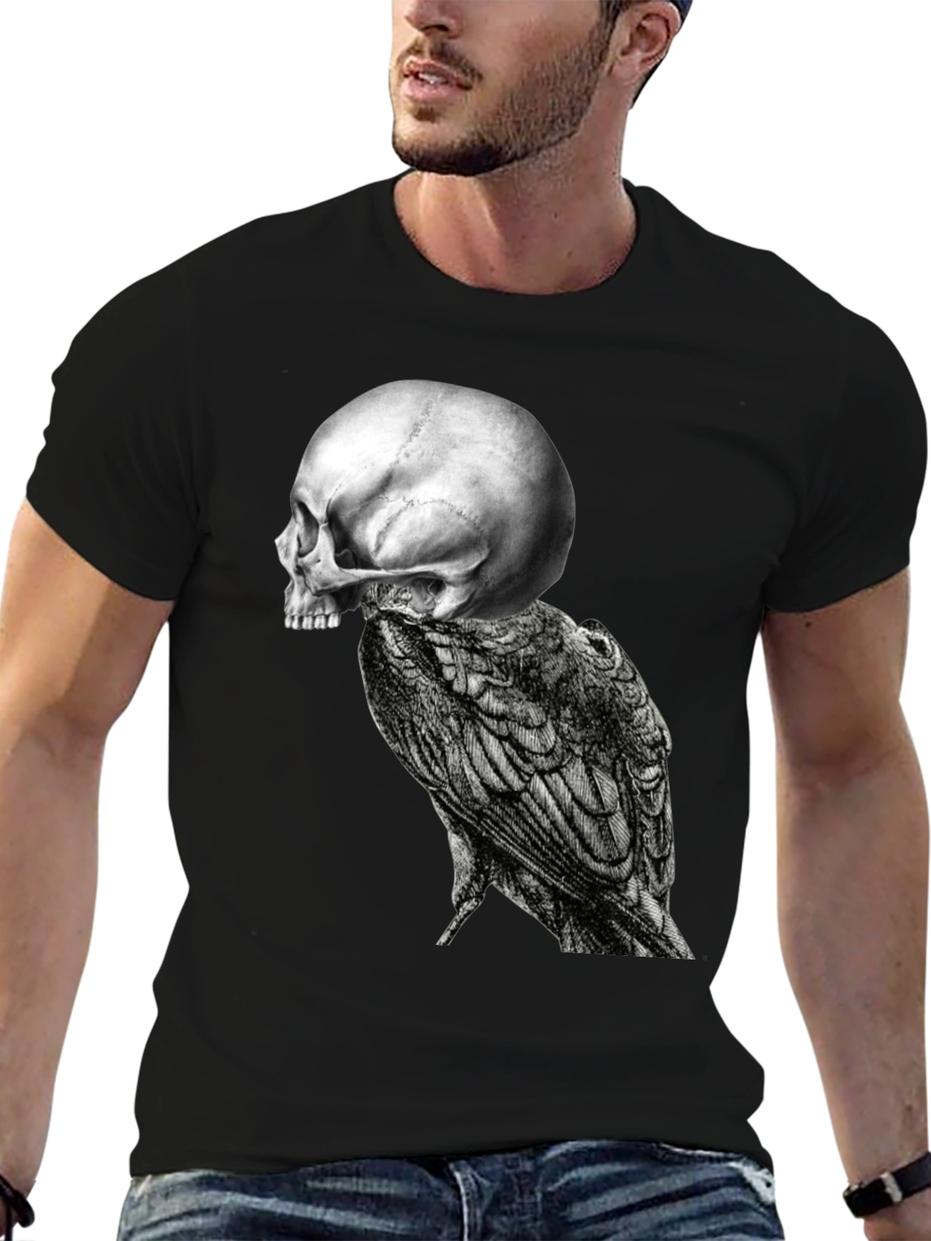 Skull & Raven Graphic Tee - Black Cotton Blend