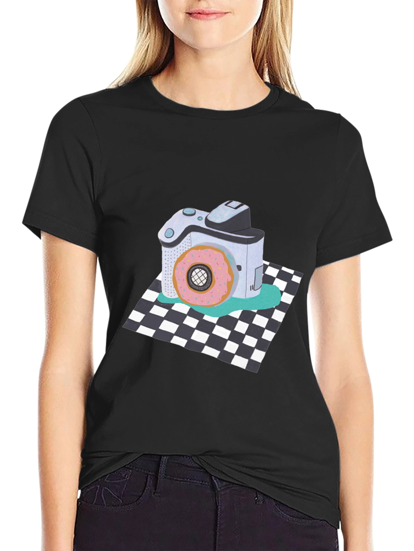 Donut Camera Graphic Tee - Quirky Black T-Shirt