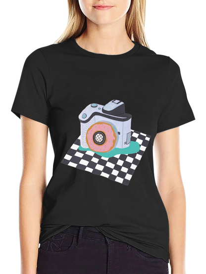 Donut Camera Graphic Tee - Quirky Black T-Shirt