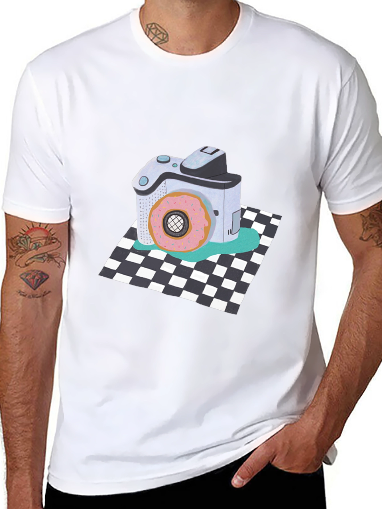 Donut Camera Graphic Tee - Quirky Black T-Shirt