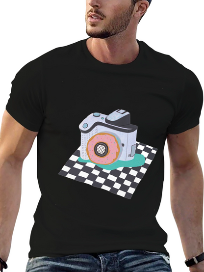 Donut Camera Graphic Tee - Quirky Black T-Shirt
