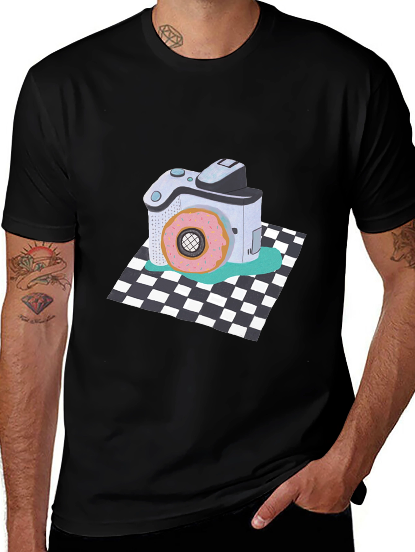 Donut Camera Graphic Tee - Quirky Black T-Shirt