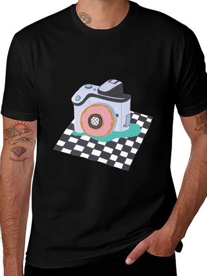 Donut Camera Graphic Tee - Quirky Black T-Shirt