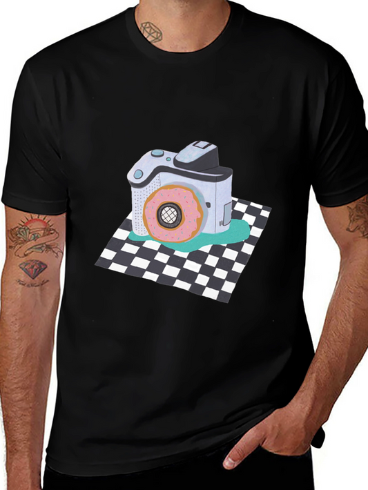 Donut Camera Graphic Tee - Quirky Black T-Shirt
