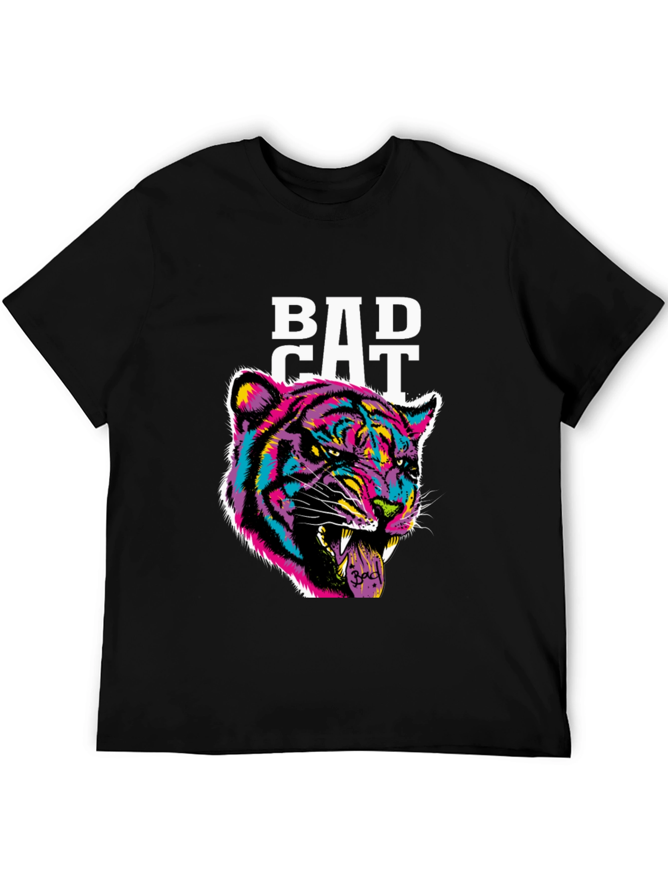 Bad Cat Graphic Print Tee - Black Cotton Blend