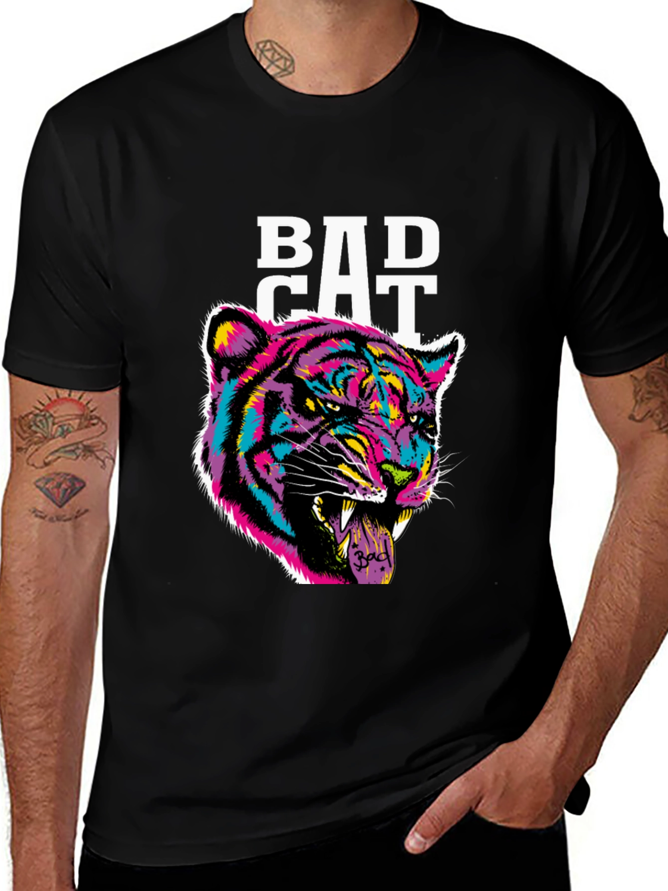 Bad Cat Graphic Print Tee - Black Cotton Blend