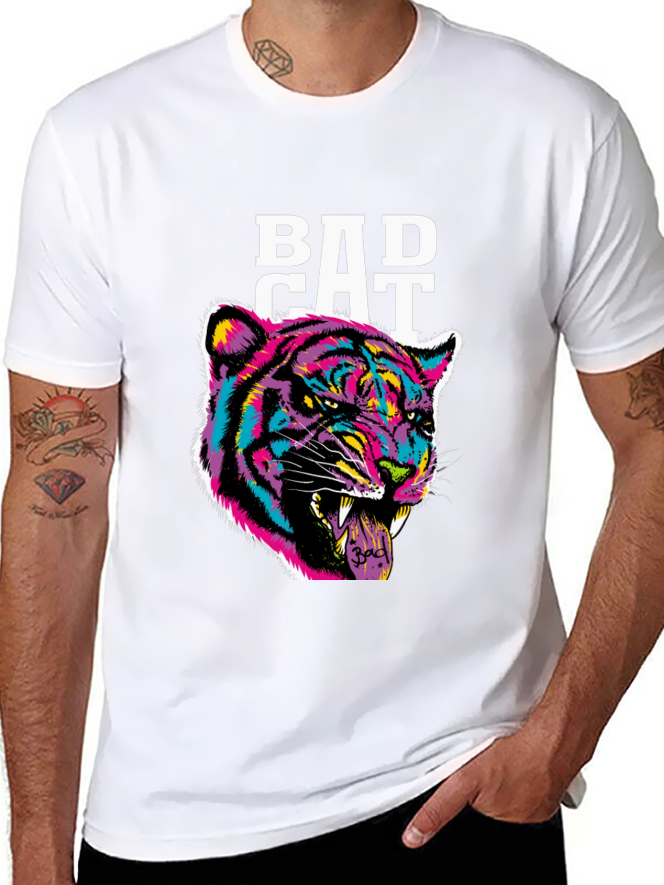 Bad Cat Graphic Print Tee - Black Cotton Blend