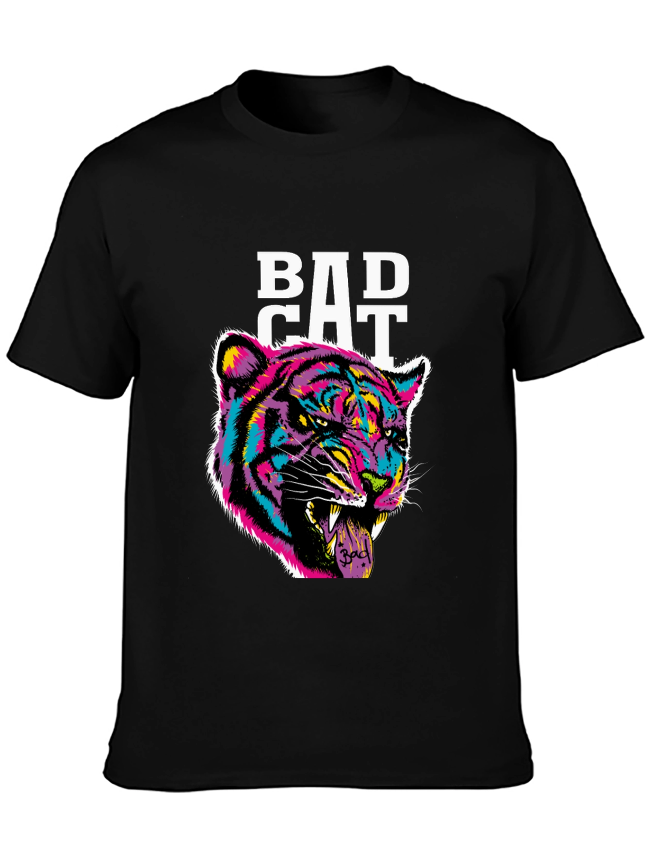 Bad Cat Graphic Print Tee - Black Cotton Blend