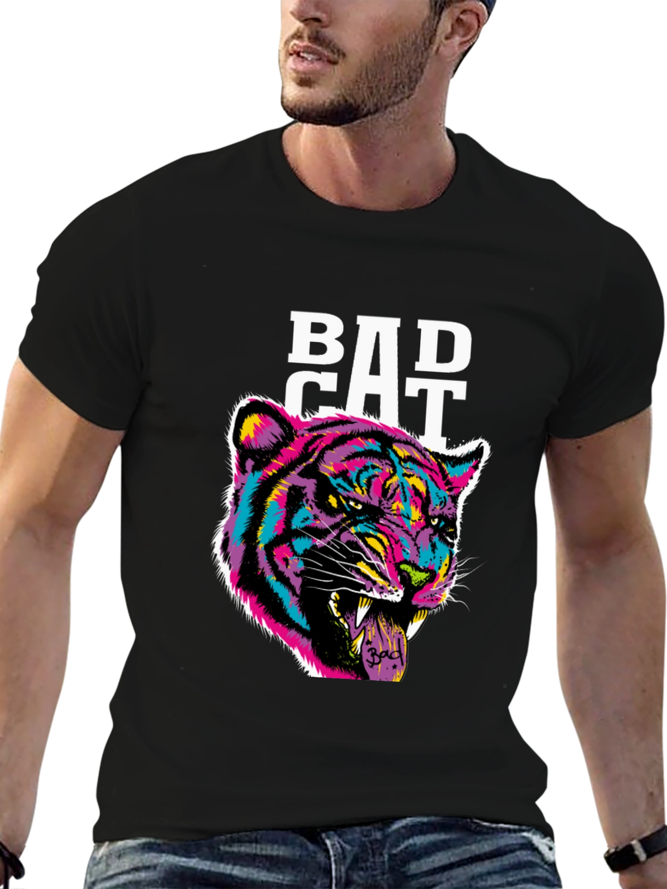 Bad Cat Graphic Print Tee - Black Cotton Blend