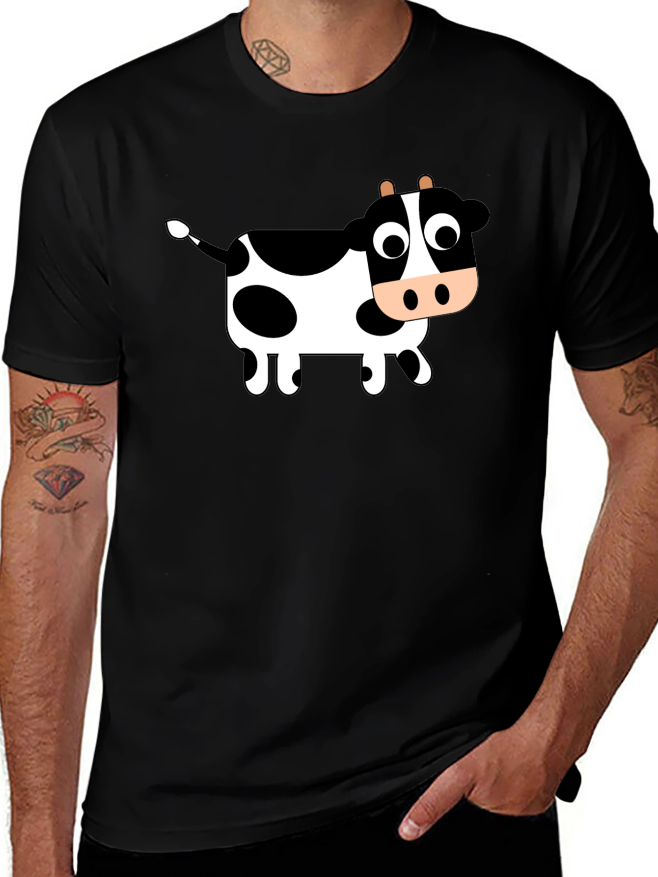 Black T-Shirt with Cartoon Cow Design