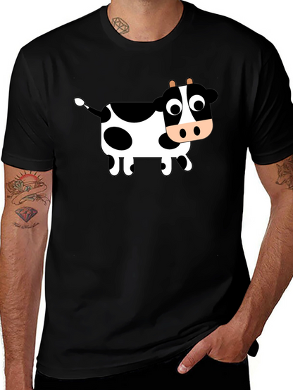 Black T-Shirt with Cartoon Cow Design