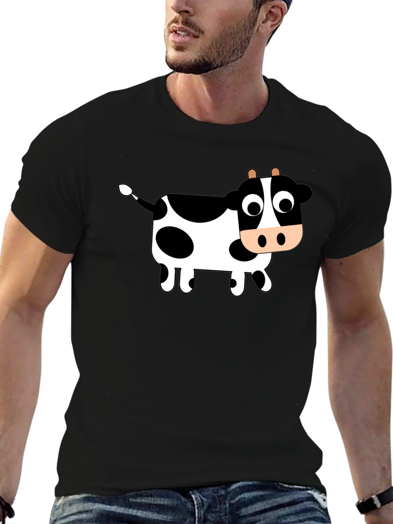 Black T-Shirt with Cartoon Cow Design