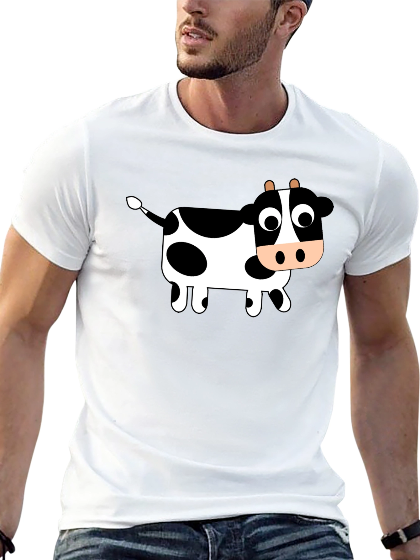 Black T-Shirt with Cartoon Cow Design