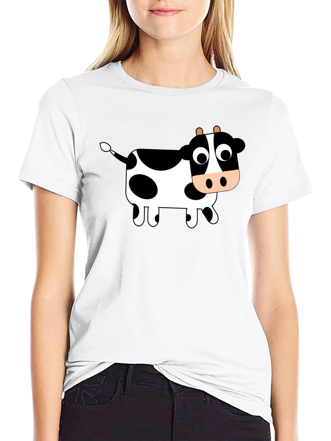 Black T-Shirt with Cartoon Cow Design