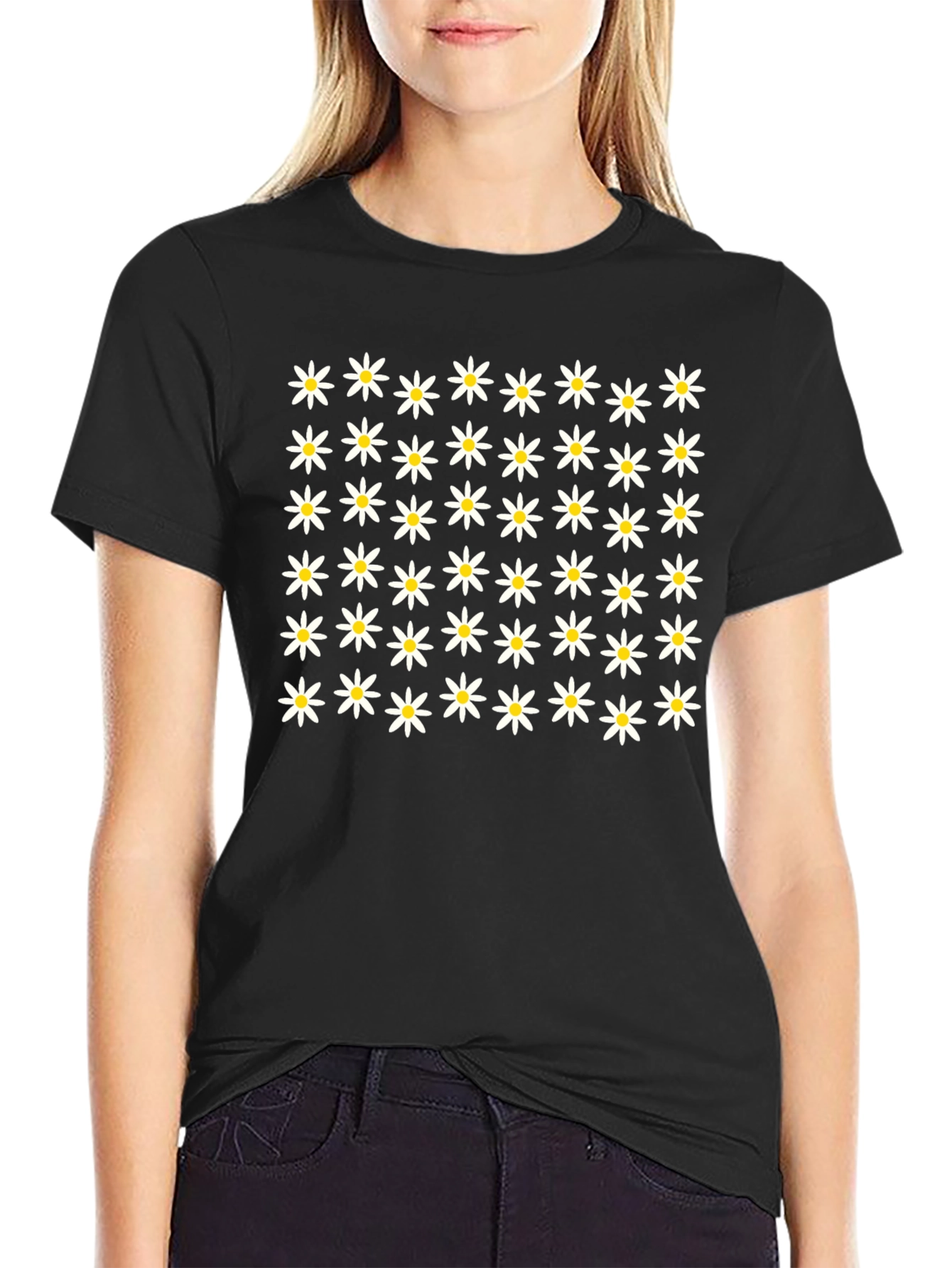Daisy Flower Pattern Black T-Shirt