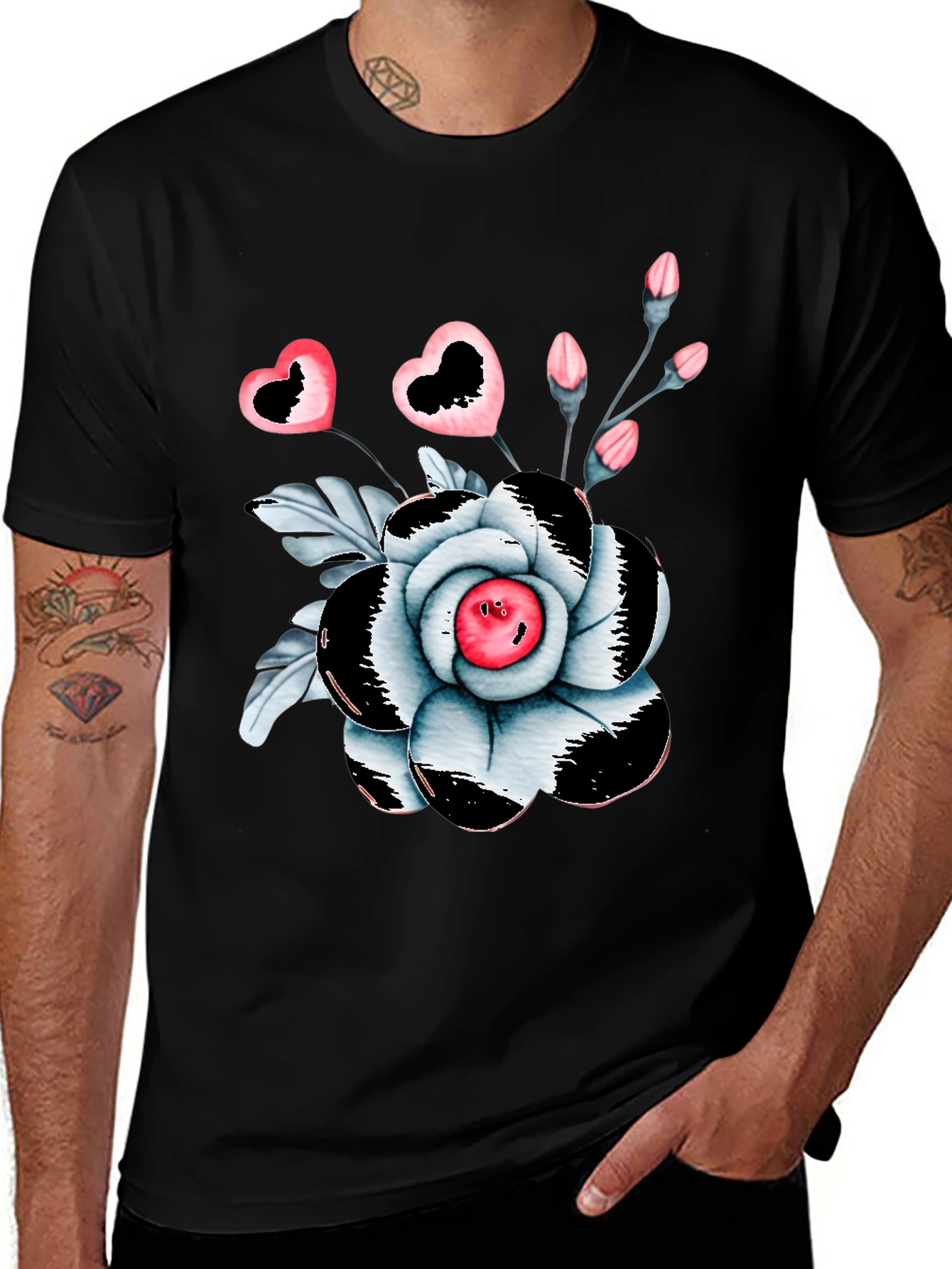 Floral Heart Graphic Tee - Trendy Black T-Shirt
