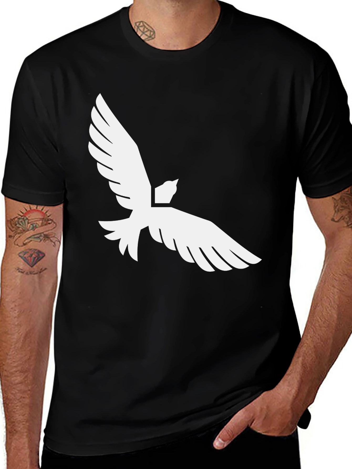 Black T-Shirt with White Bird Graphic