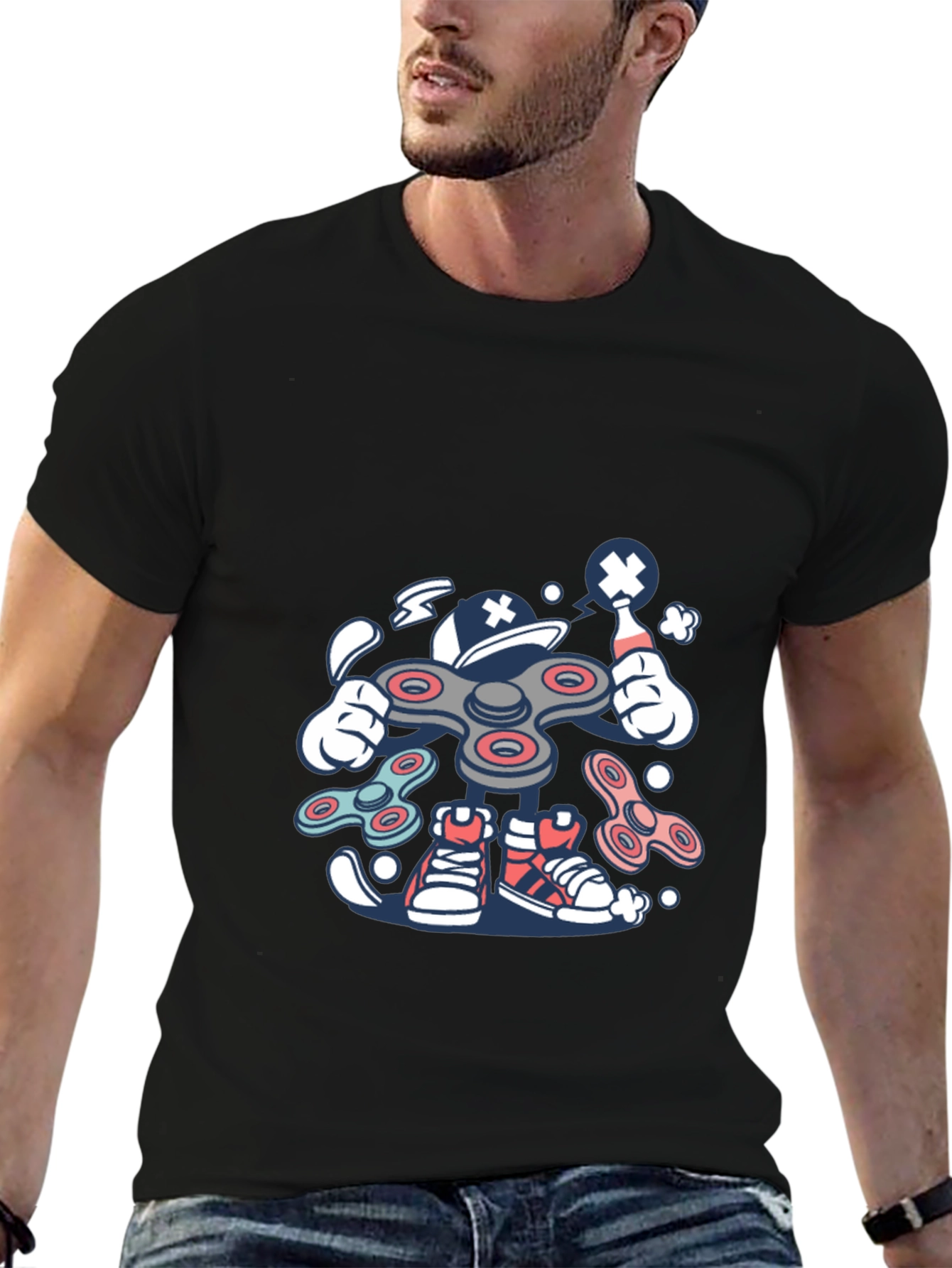 Fidget Spinner Cartoon Graphic Black T-Shirt