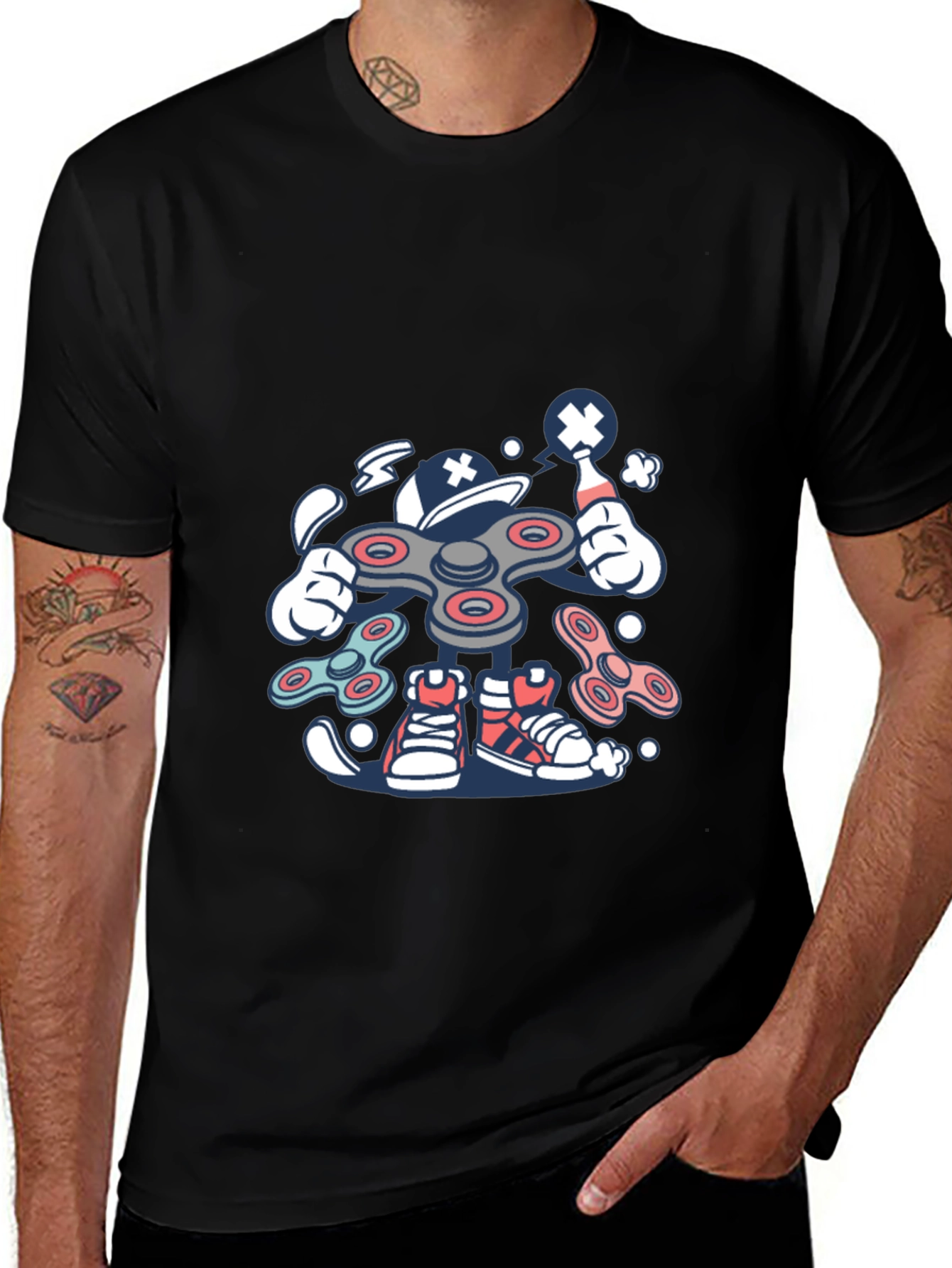 Fidget Spinner Cartoon Graphic Black T-Shirt