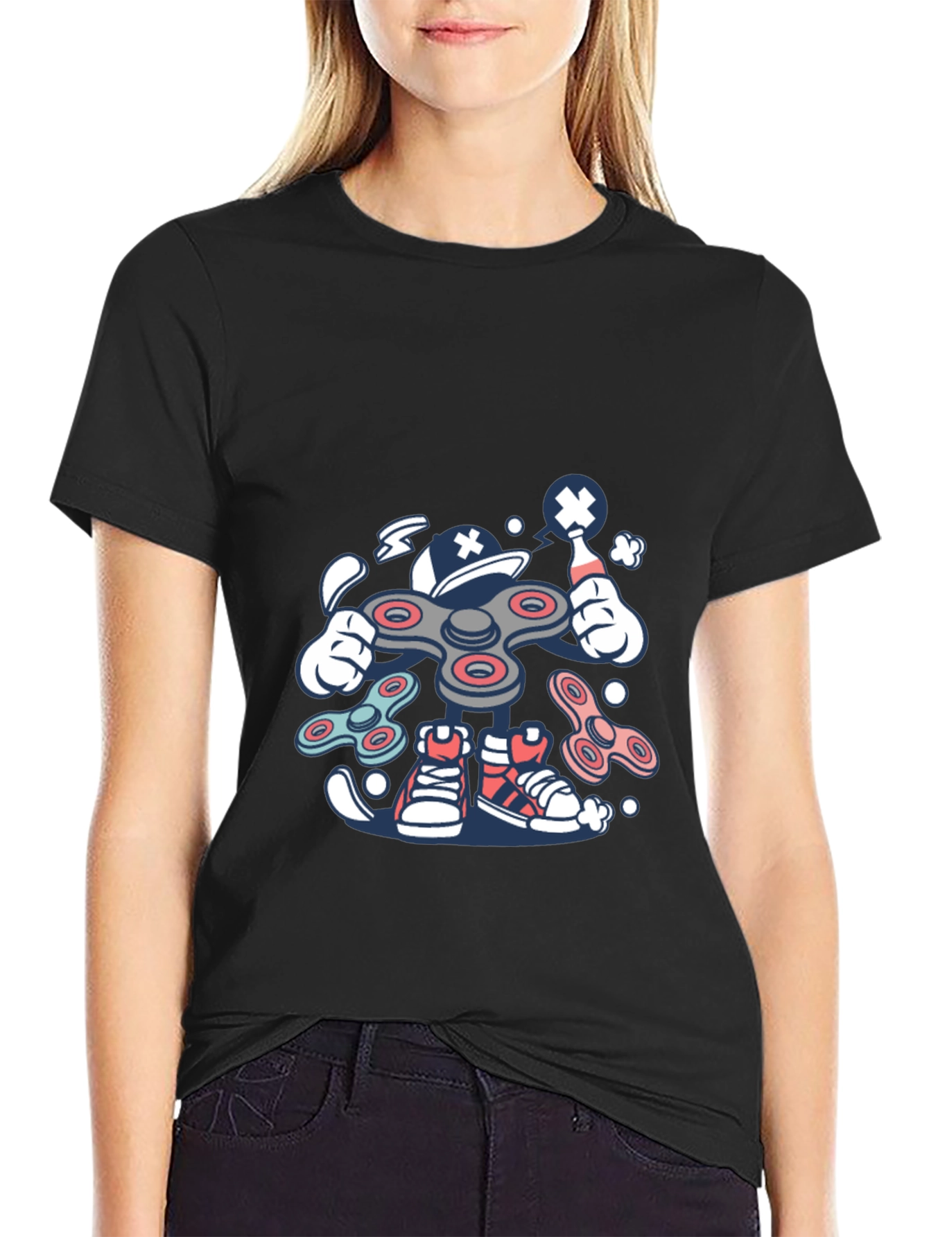 Fidget Spinner Cartoon Graphic Black T-Shirt
