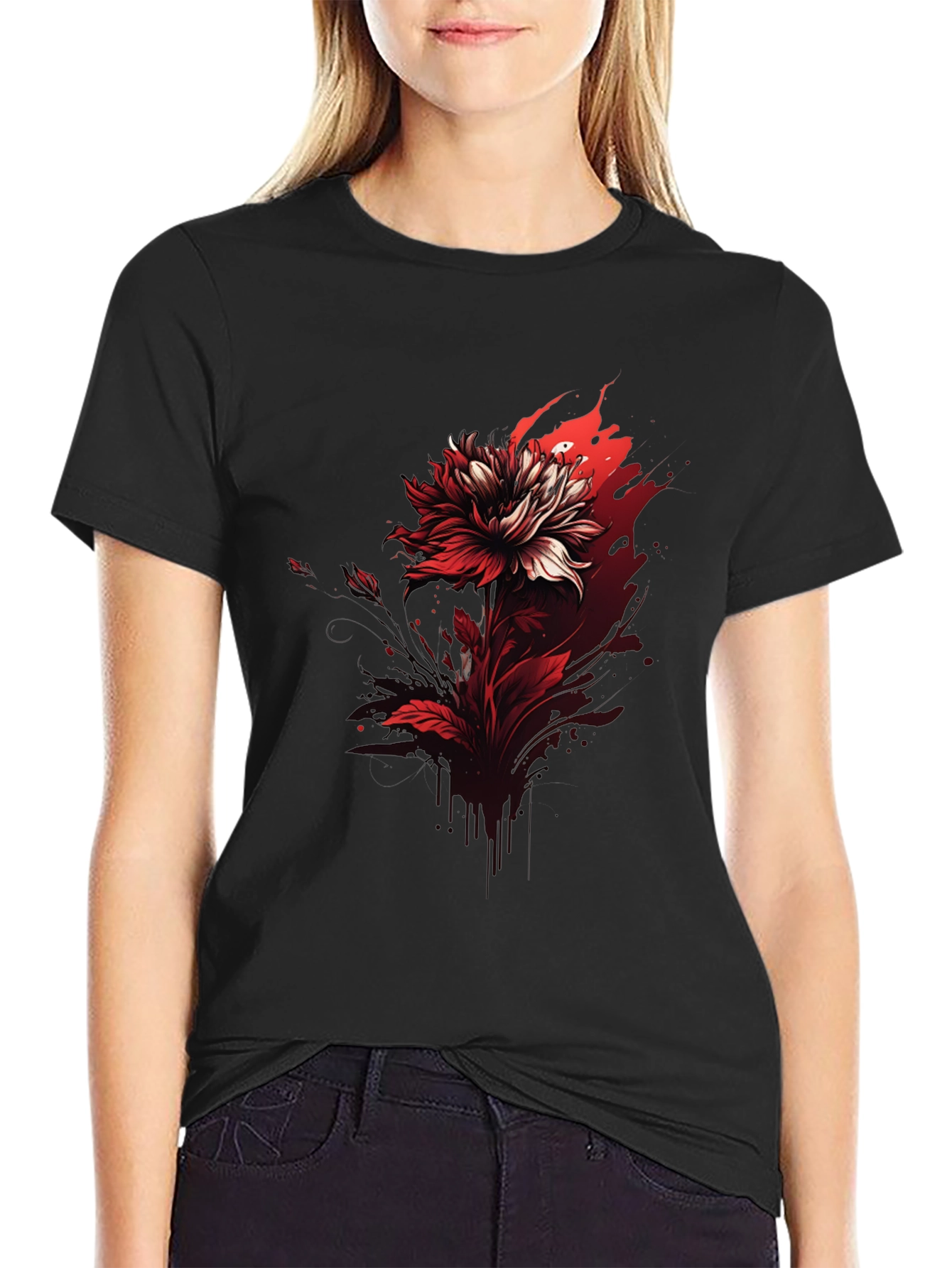 Red Floral Graphic Tee - Bold Black T-Shirt