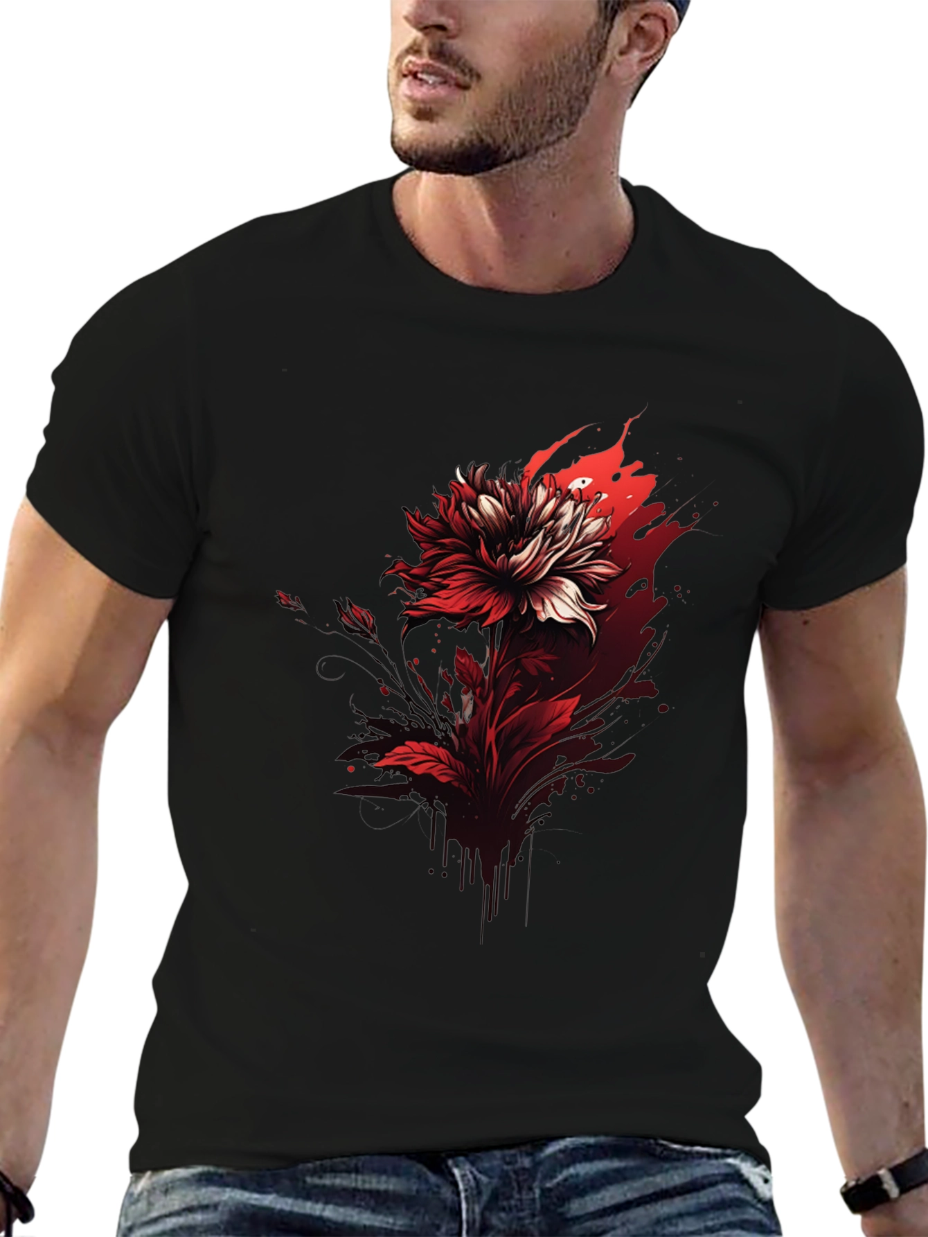 Red Floral Graphic Tee - Bold Black T-Shirt