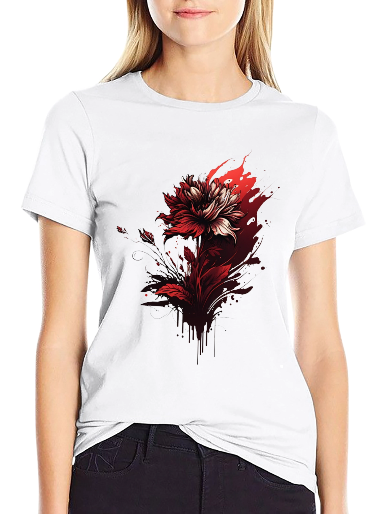 Red Floral Graphic Tee - Bold Black T-Shirt