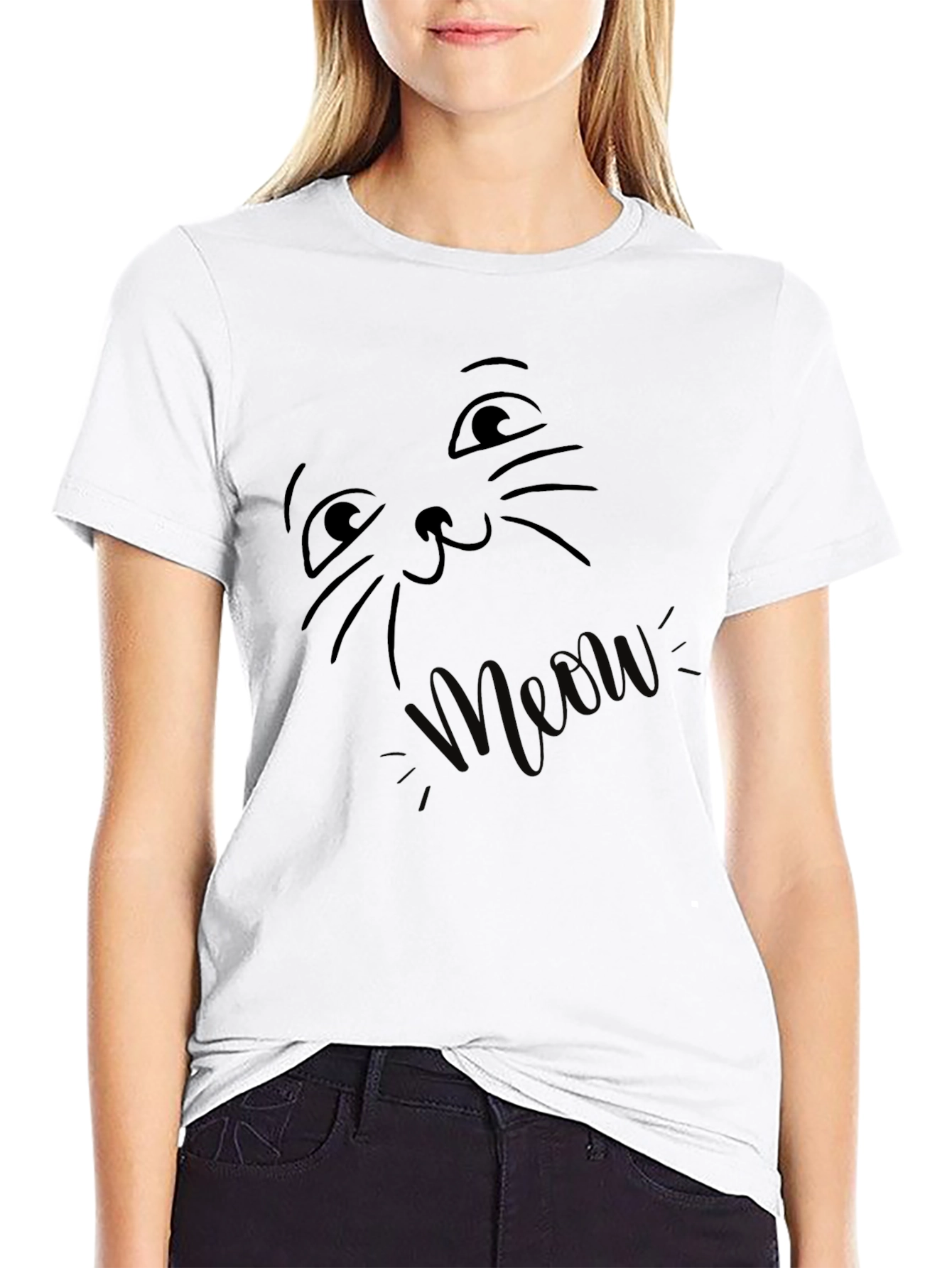 Meow Cat Face Black T-Shirt