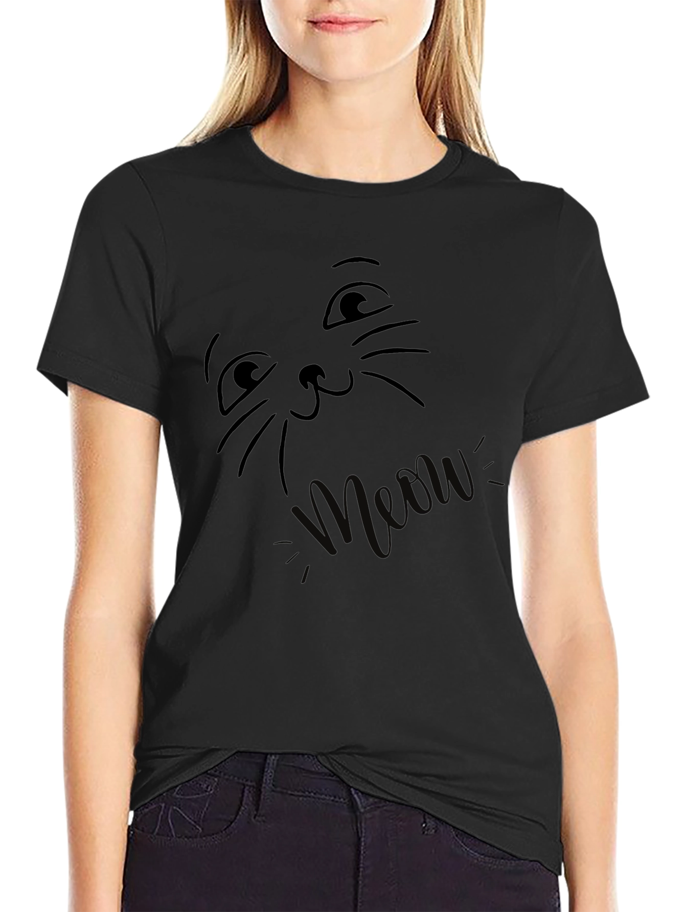 Meow Cat Face Black T-Shirt