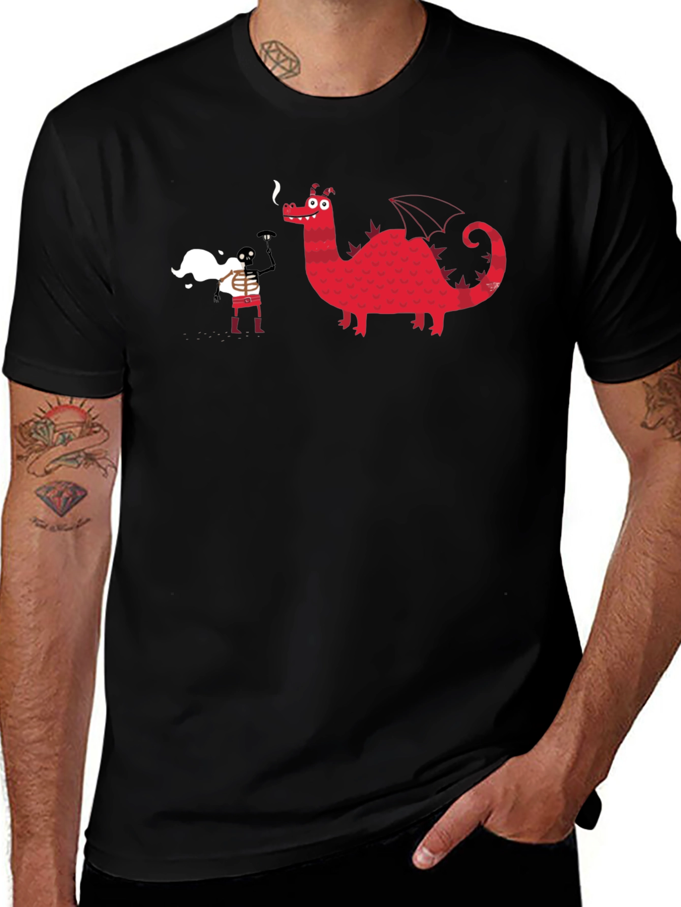 Black Graphic Tee - Dragon & Skeleton Print
