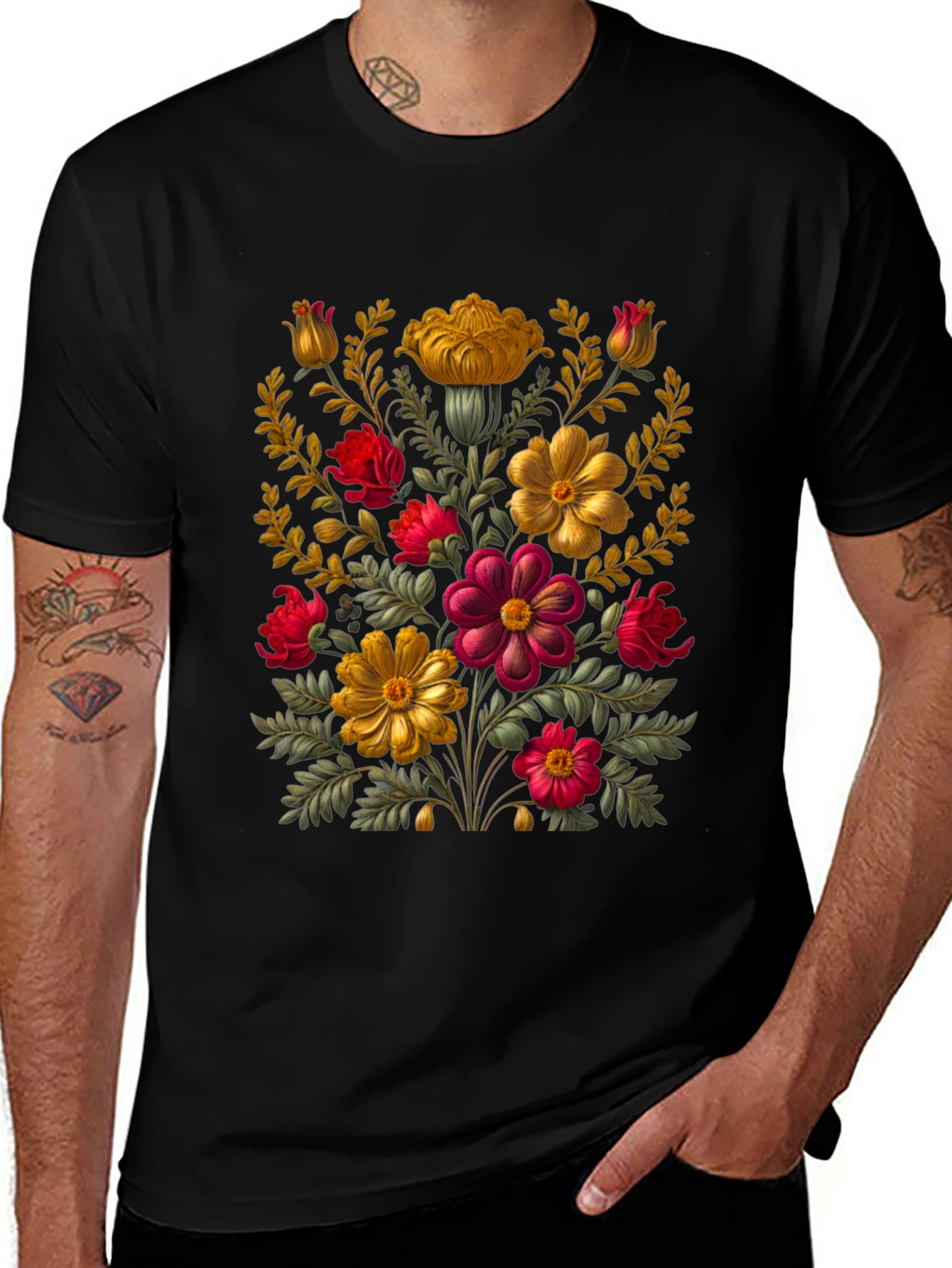 Floral Art Black T-Shirt