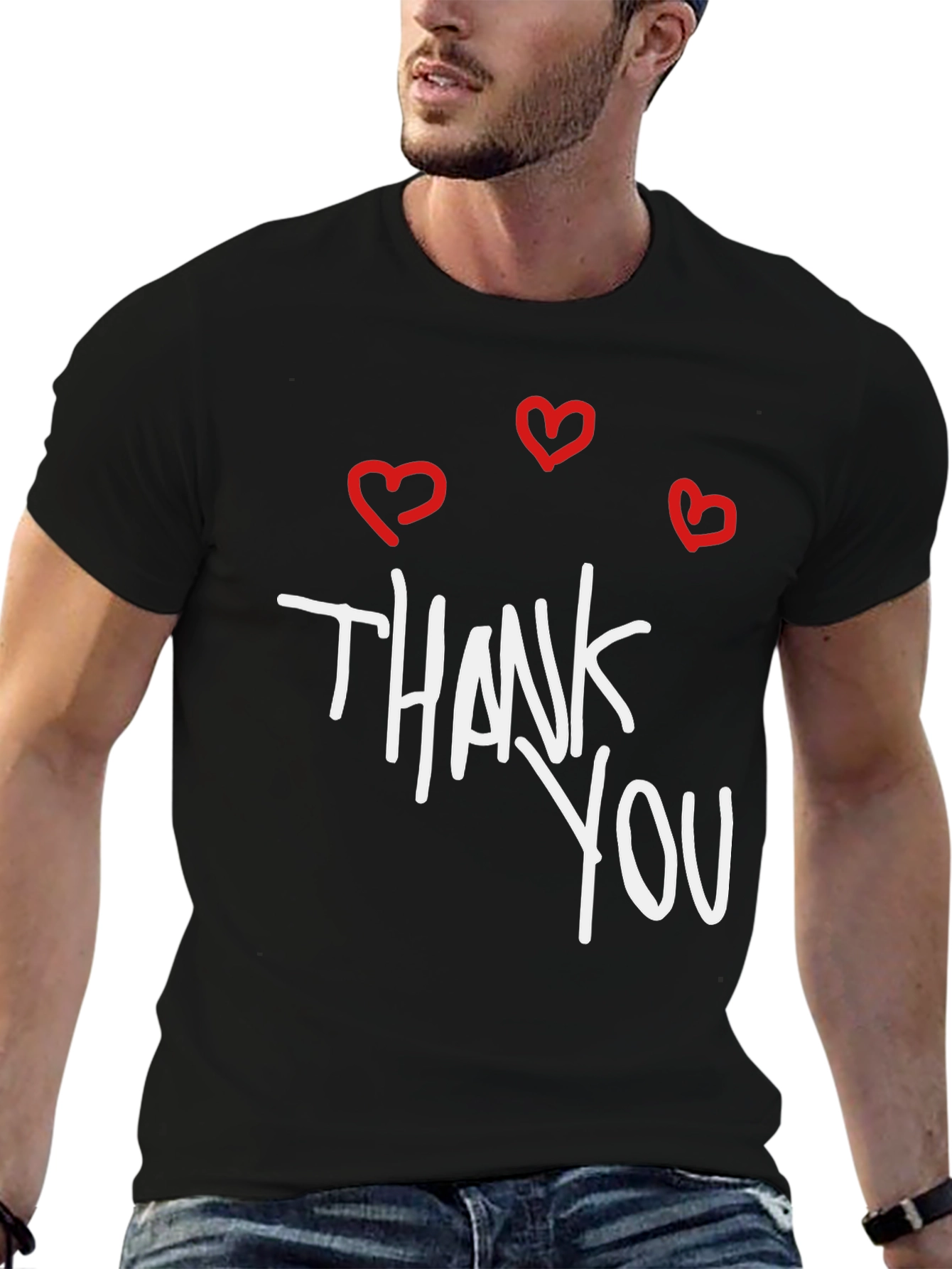 Thank You Hearts Graphic Tee - Casual Black T-Shirt