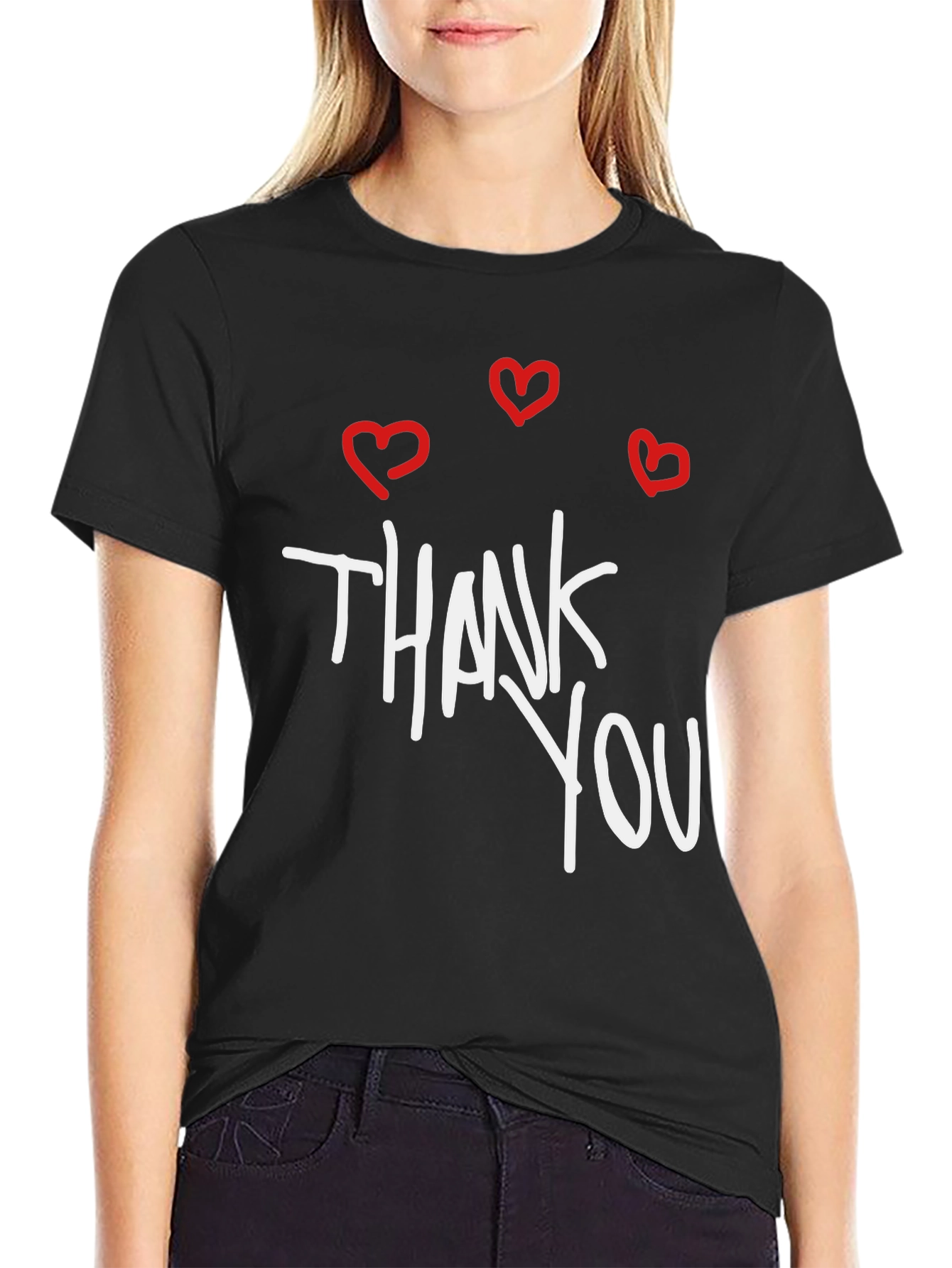 Thank You Hearts Graphic Tee - Casual Black T-Shirt