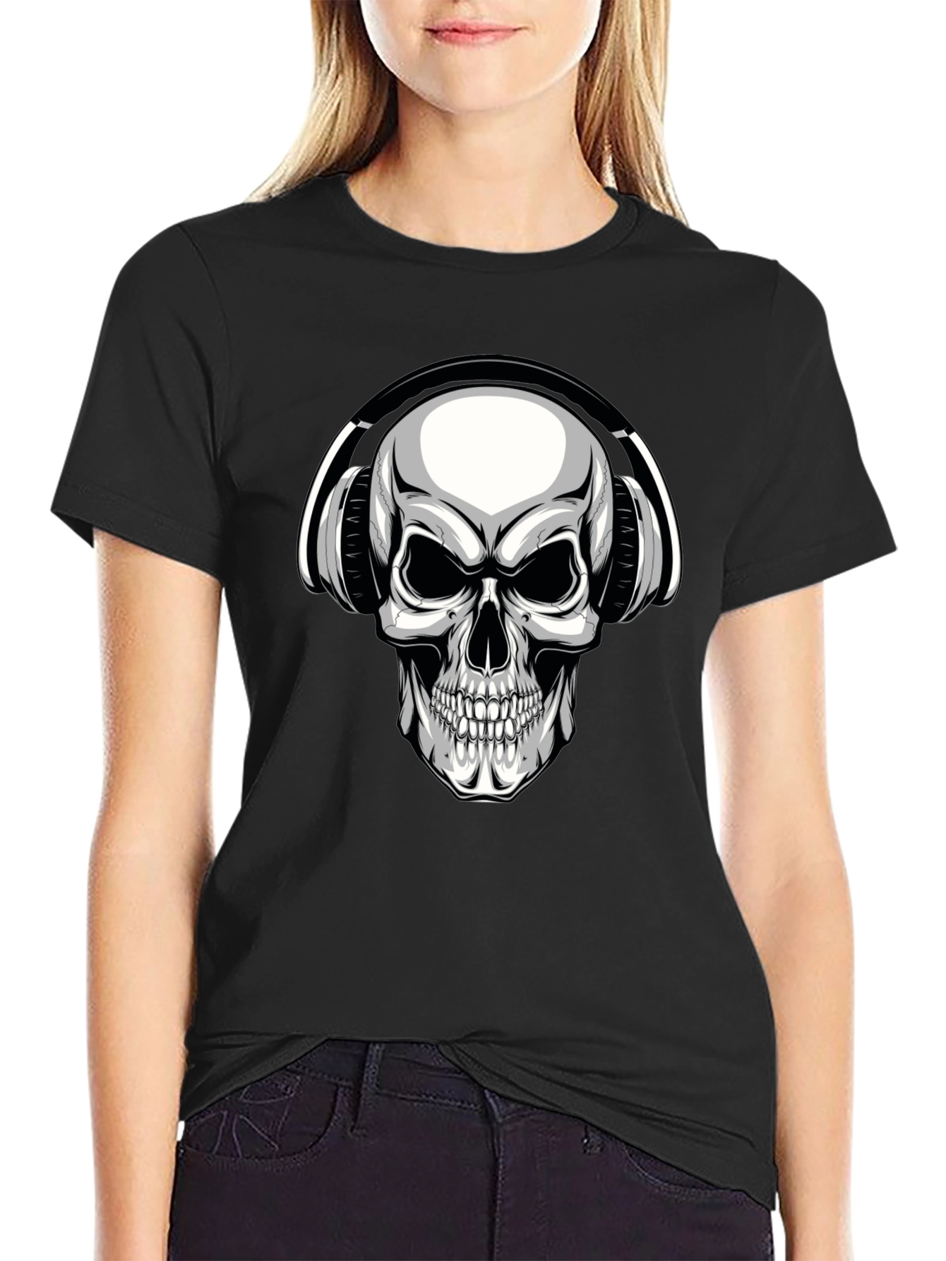 Skull with Headphones Graphic T-Shirt - Black