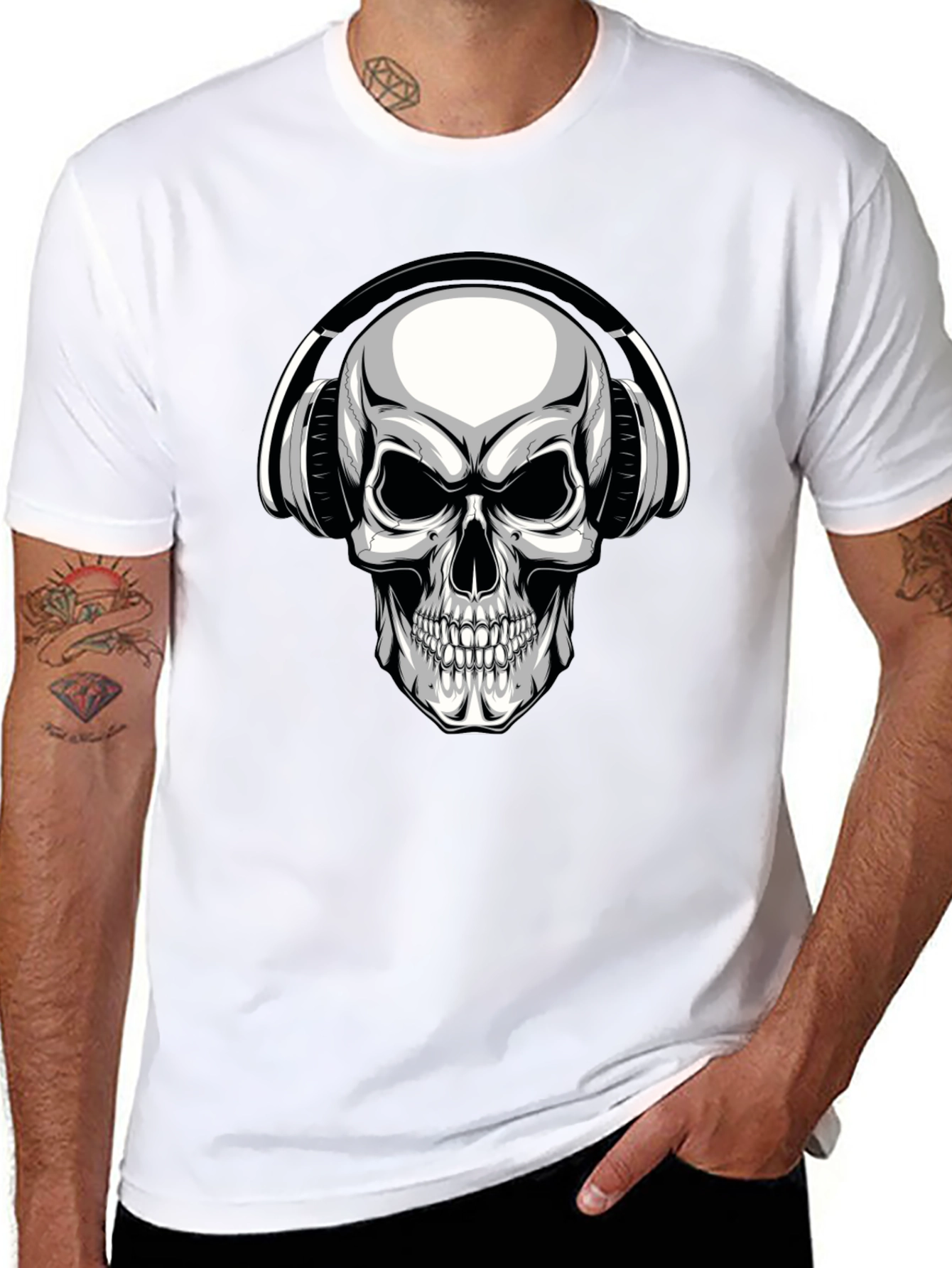 Skull with Headphones Graphic T-Shirt - Black