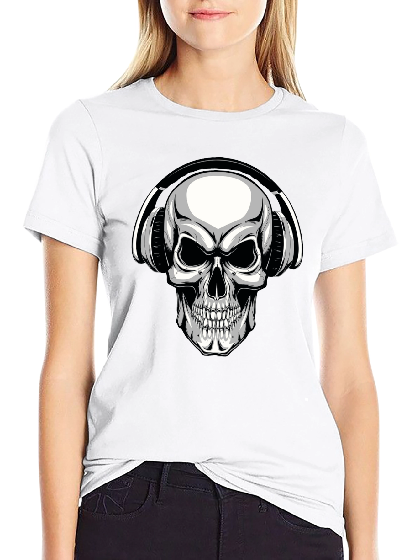 Skull with Headphones Graphic T-Shirt - Black