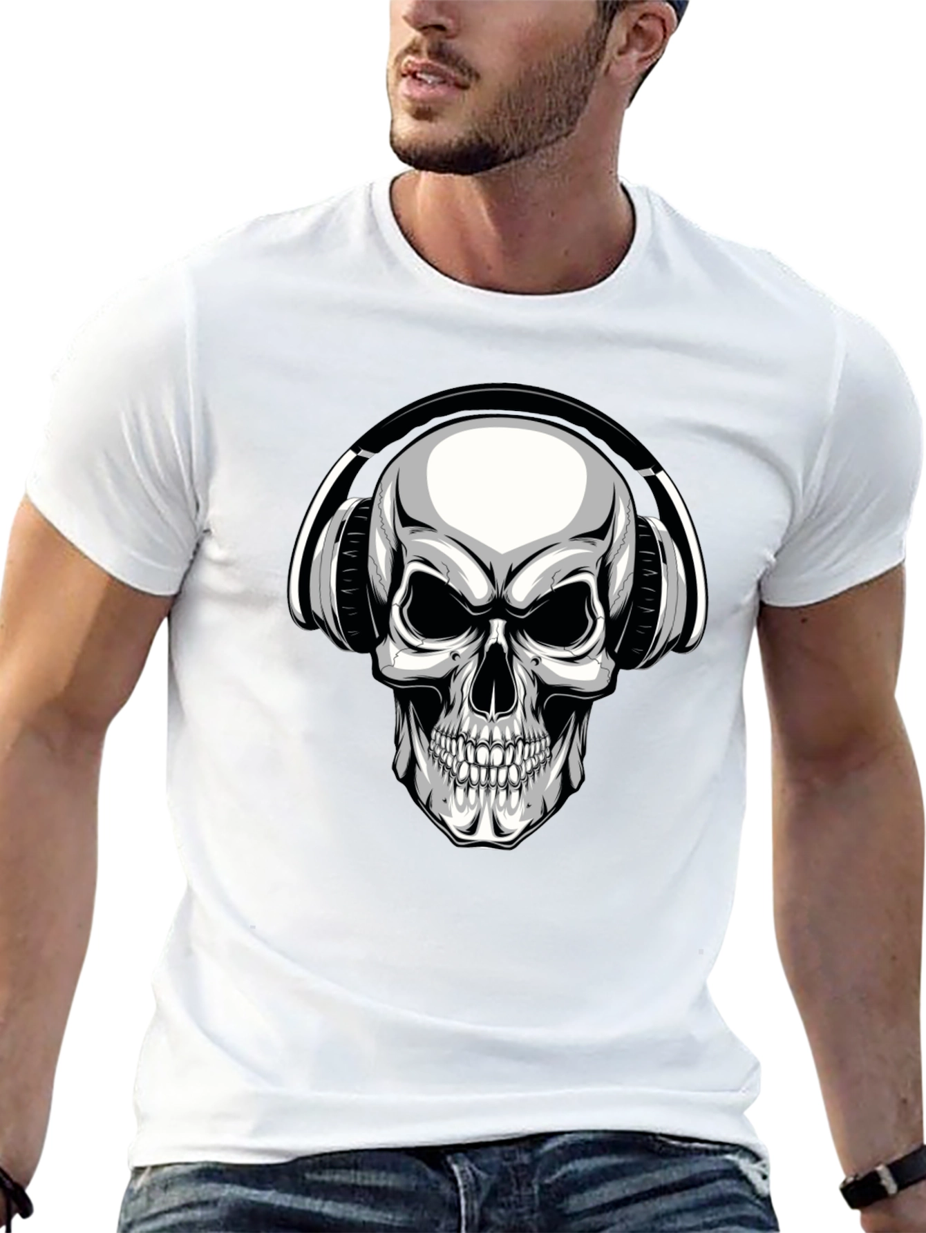 Skull with Headphones Graphic T-Shirt - Black