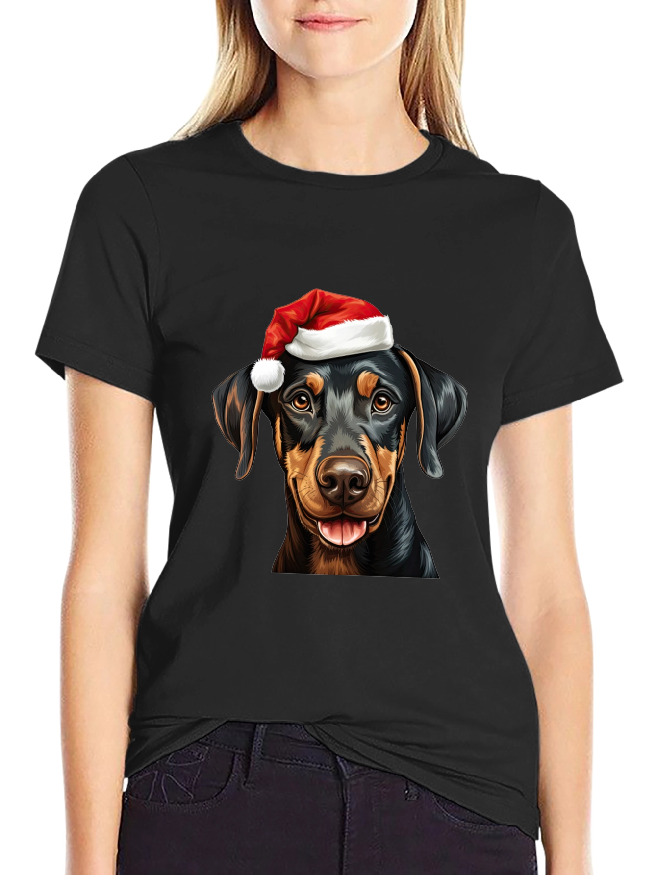 Dachshund Santa Hat Black T-Shirt