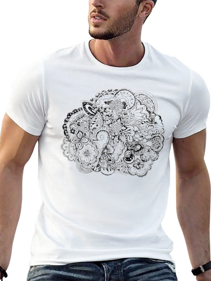 Mens Black T-Shirt with Intricate Floral Design