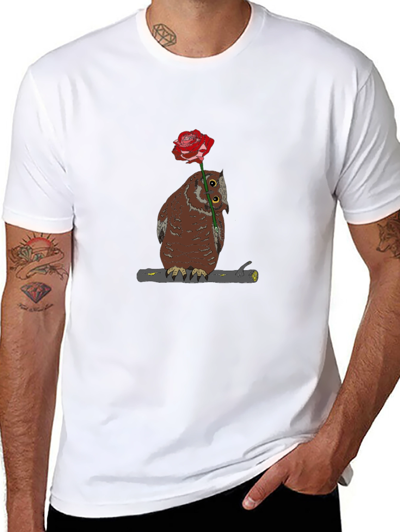 Owl with Rose Graphic T-Shirt - Unique Design