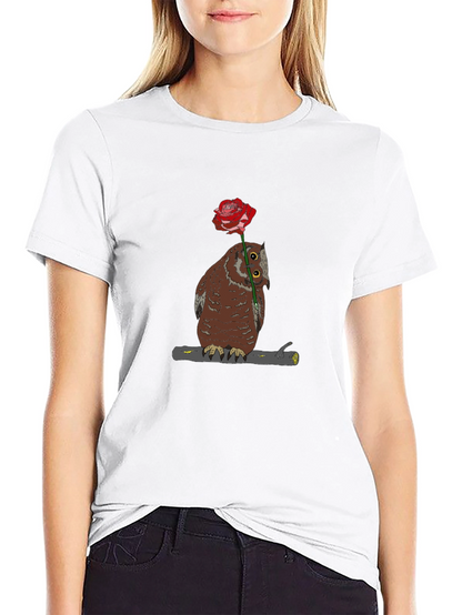 Owl with Rose Graphic T-Shirt - Unique Design