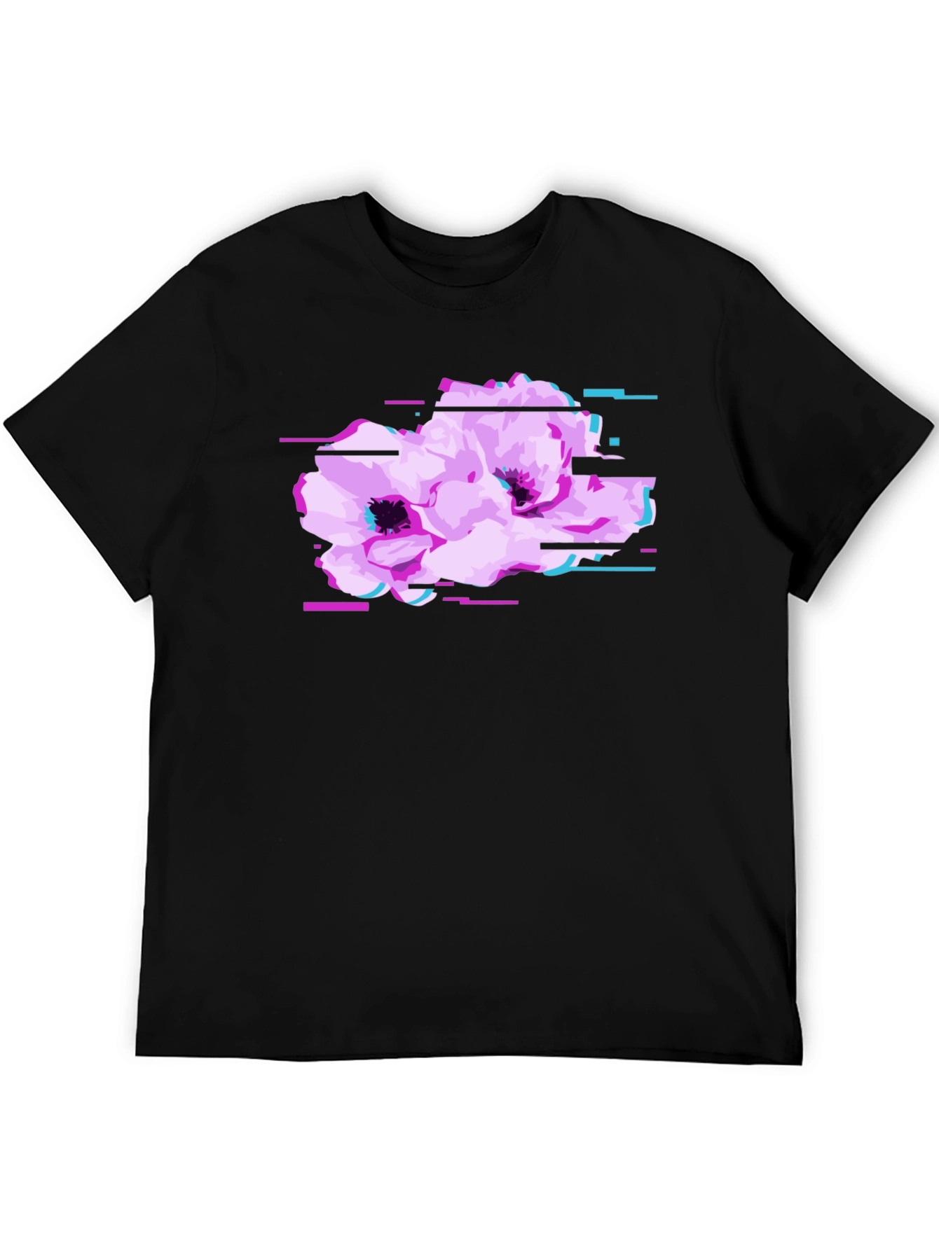 Black T-Shirt with Floral Glitch Graphic