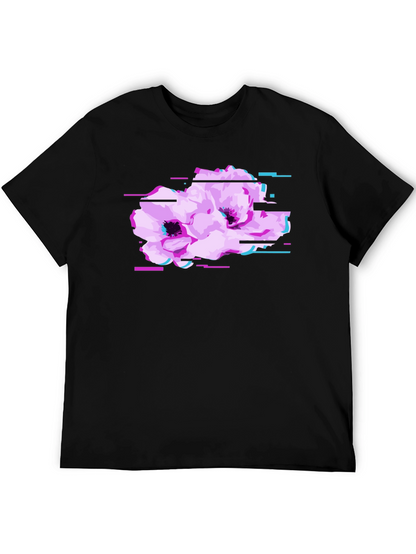 Black T-Shirt with Floral Glitch Graphic