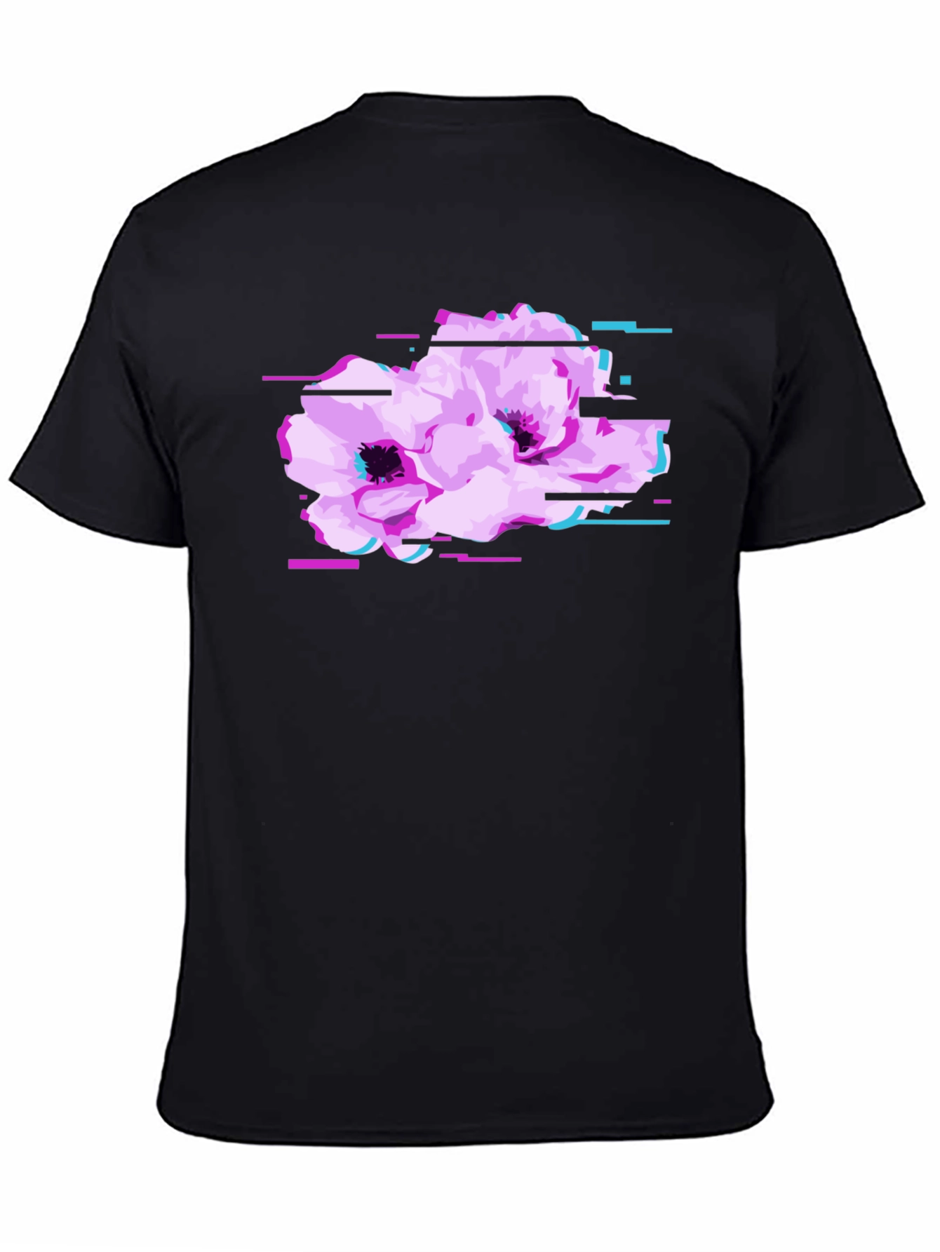 Black T-Shirt with Floral Glitch Graphic