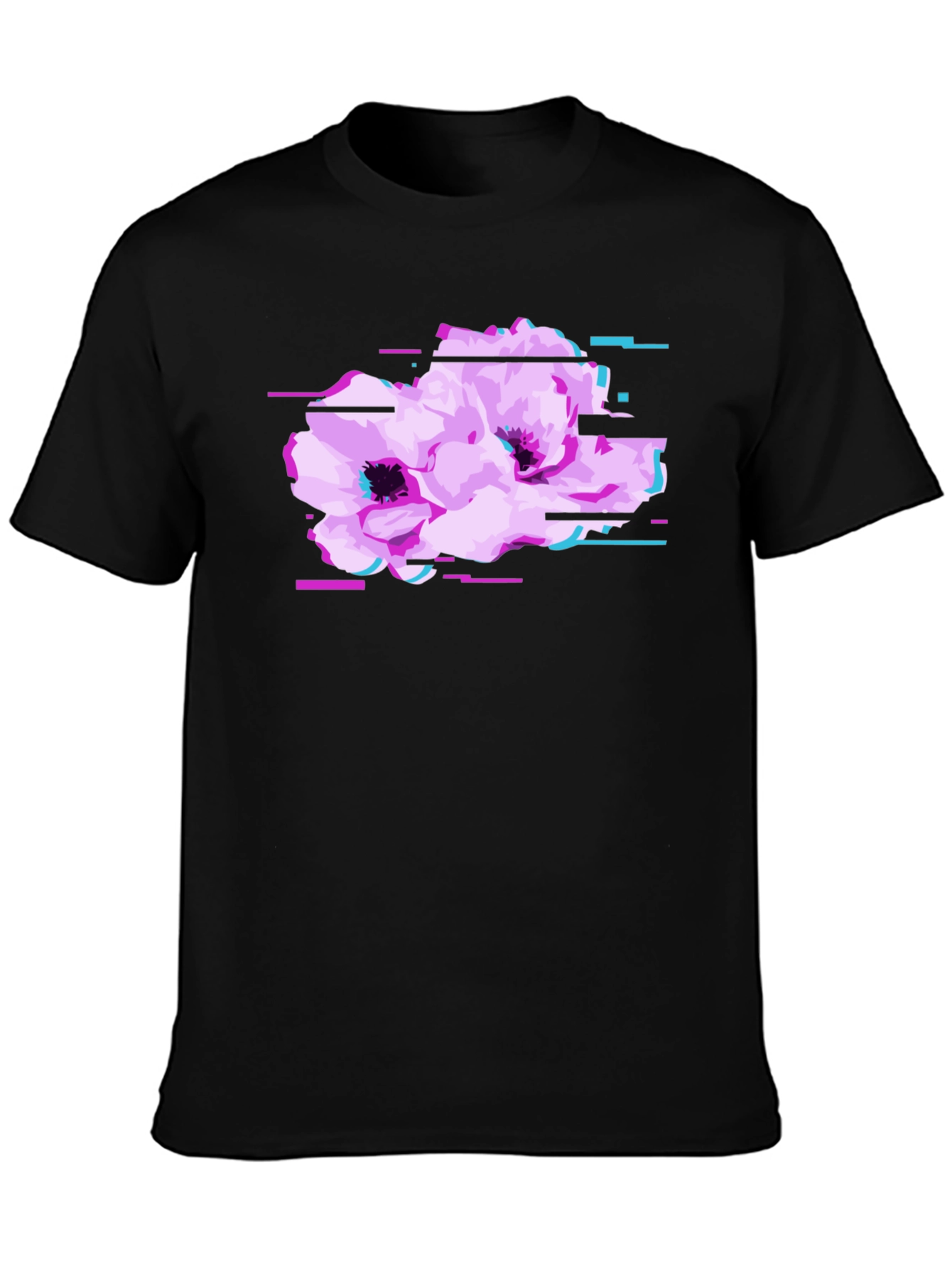 Black T-Shirt with Floral Glitch Graphic