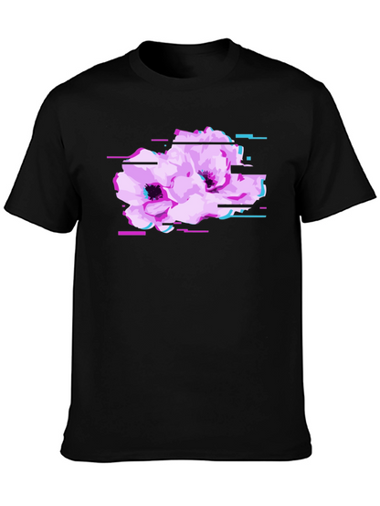 Black T-Shirt with Floral Glitch Graphic
