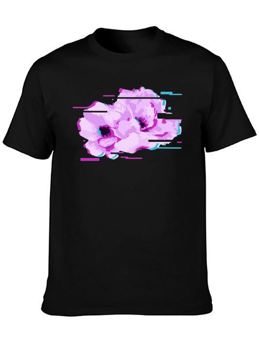 Black T-Shirt with Floral Glitch Graphic